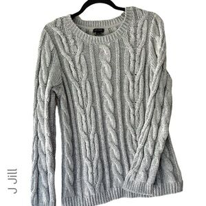 J JILL WEAREVER CABLE KNIT COTTON BLEND SWEATER LIKE NEW GRAY WHITE | MEDIUM